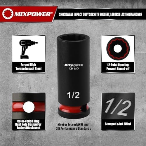 MIXPOWER 12 Pieces 3/8” Drive Semi-Deep Impact Socket Set,12 Point,SAE,5/16″…