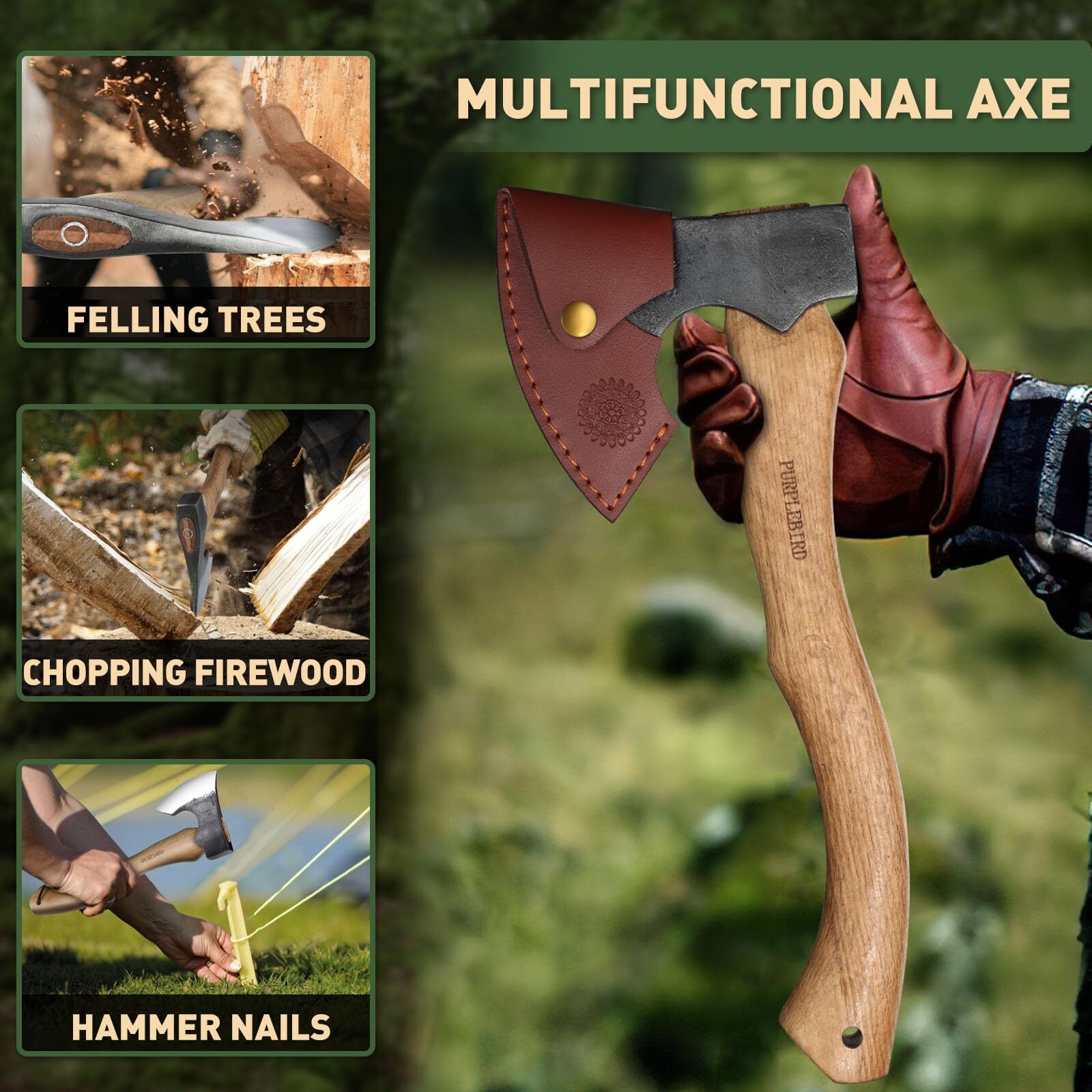 Hatchet Axe With Sheath For Camping 15 Inch Bushcraft Axe Carbon Steel Chopping