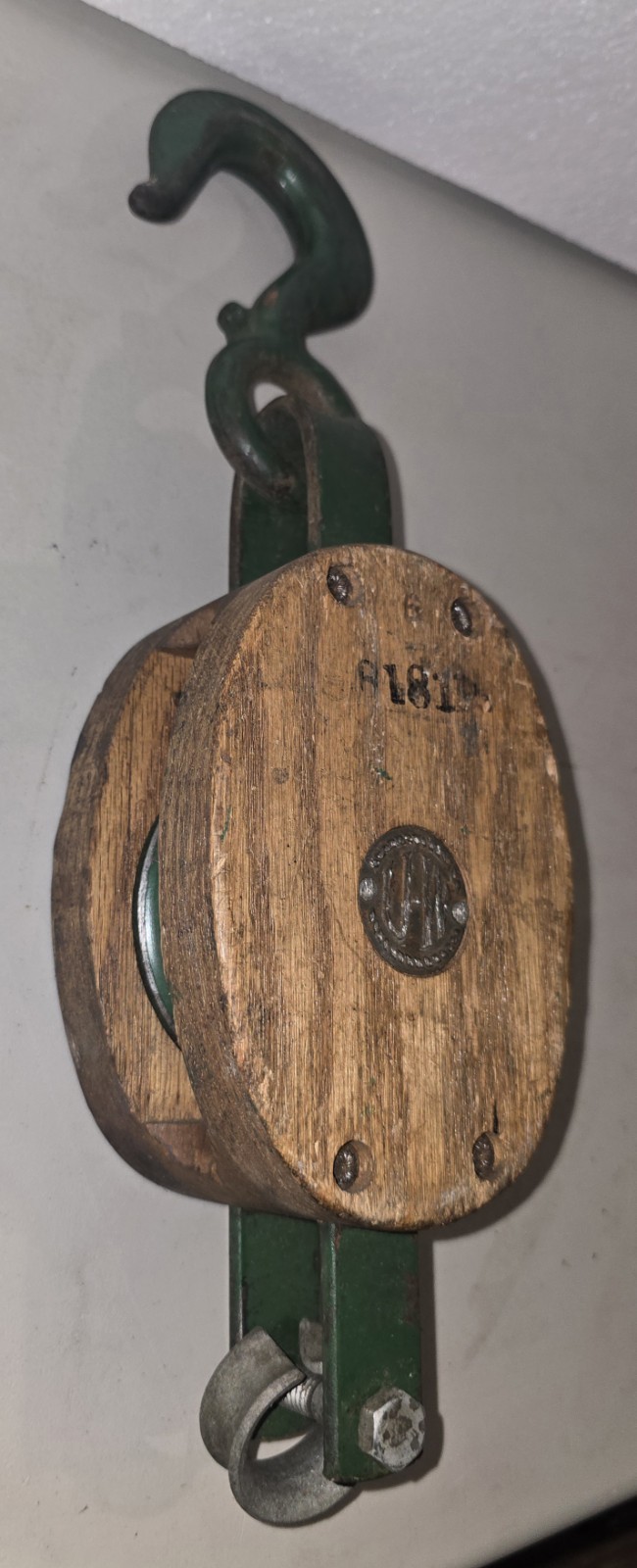 Upson Walton (UW) 5-PB Block Hook & Tackle Vintage Wooden Pulley w/ Rope