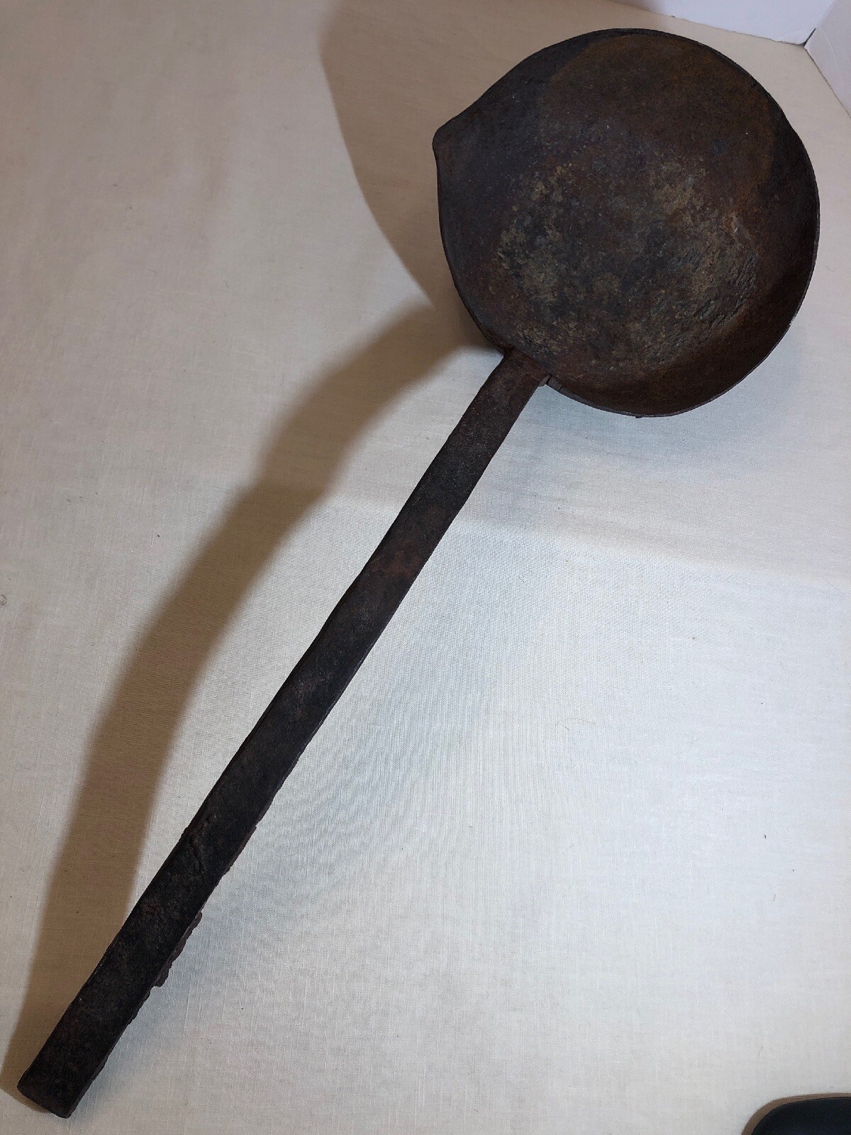 Old Antique Large Hand Wrought Iron Smelting Pot Ladle Crucible 23″ long 4+ lbs