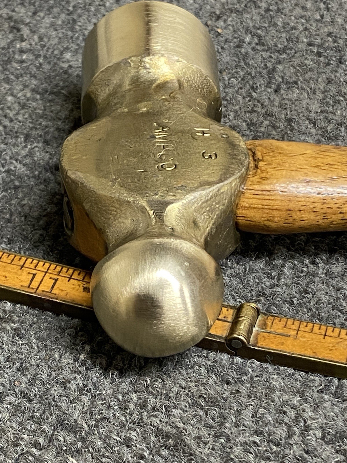Vintage Ampco 24 Oz Yellow Brass Non Sparking Ball Peen Hammer Original Handle