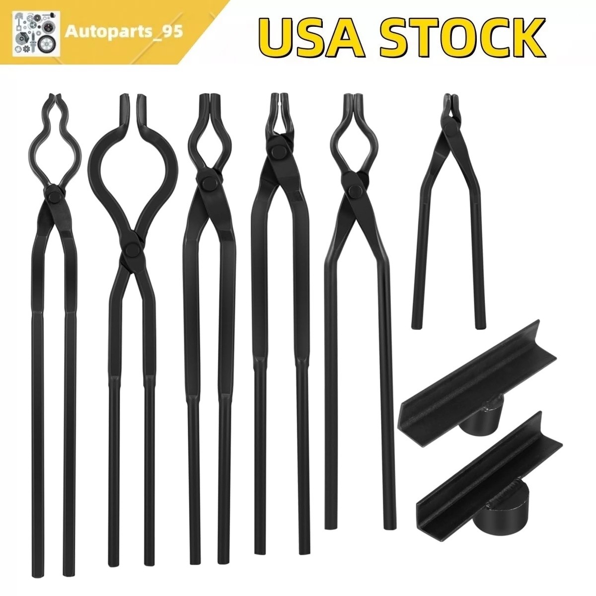 8pcs Blacksmith Tongs Set Flat Jaw, Railroad Spike,Bolt,Hook Jig,V-Bit Tongs