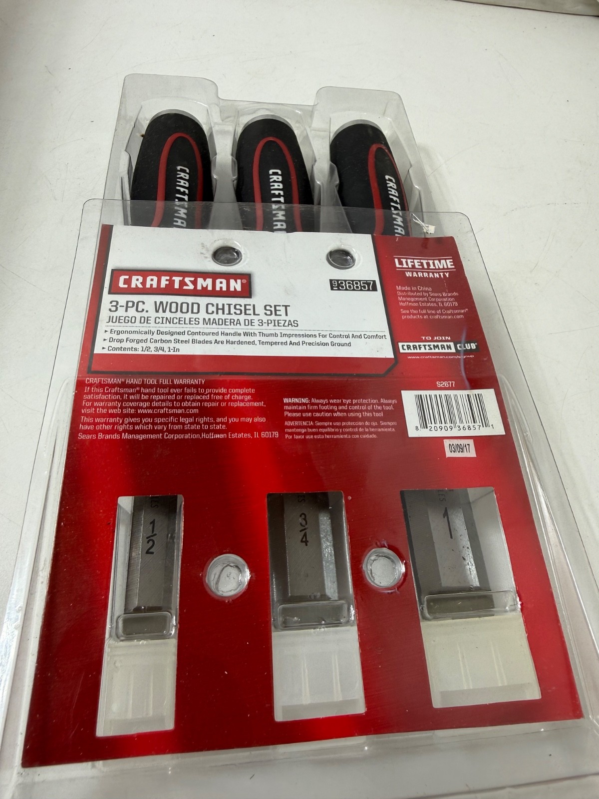 Craftsman 3 Pc Wood Chisel Set 1/2 3/4 1 In Carbon Steel Blades 936857 New