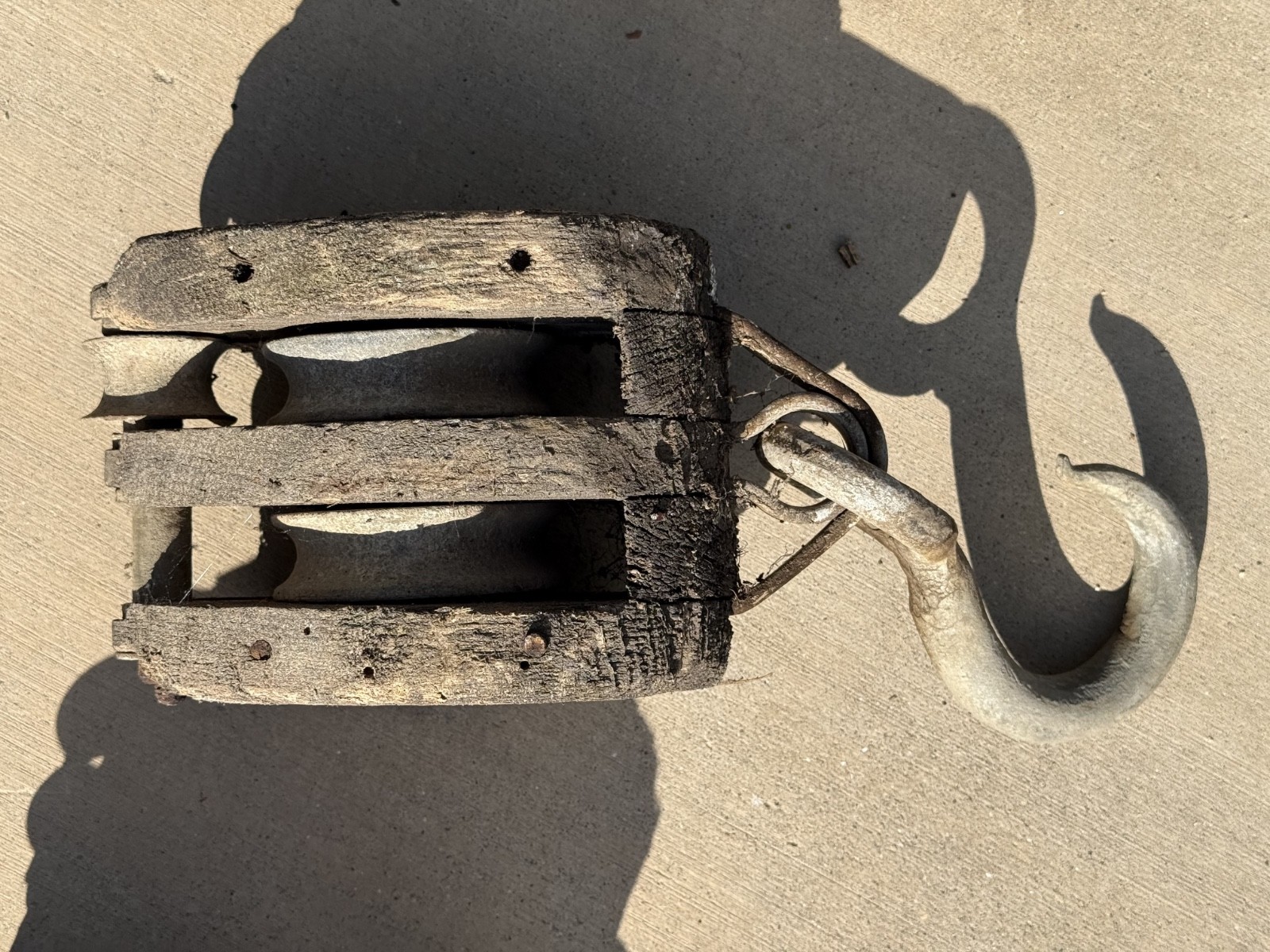Large Antique Wooden Block and Tackle Pulley Set with Hooks Rustic Decor
