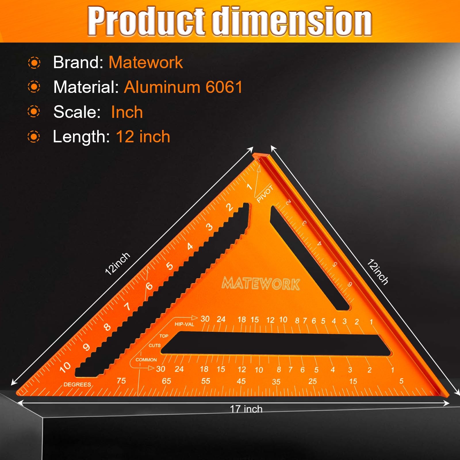 Carpenter Square 12 Inch, Matework Rafter for Angle 12 inch, Orange