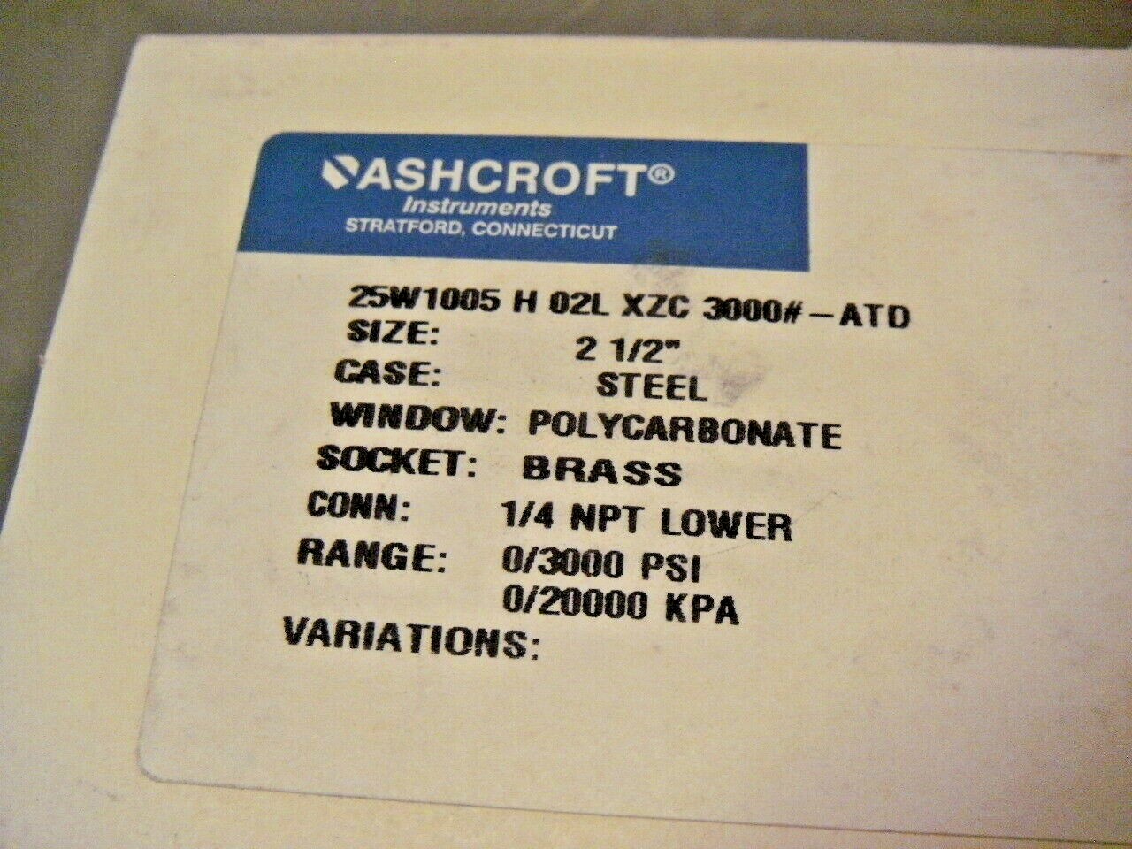 Ashcroft 25W1005H02LXZC Commercial 2-1/2″ Pressure Gauge 0-3000 PSI