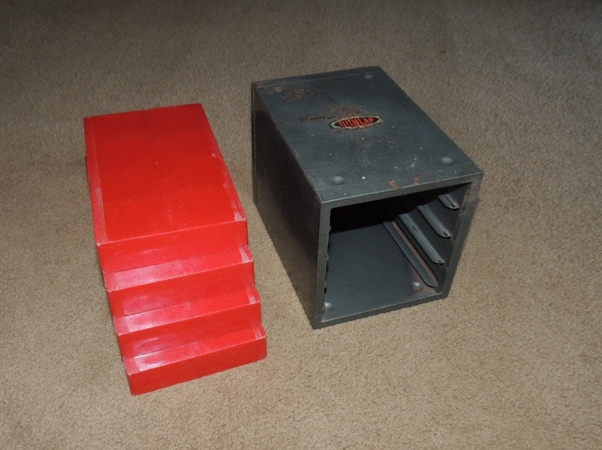 VTG. DUNLAP 4 Drawer Metal Cabinet Organizer Red Plastic Drawers Small Parts USA