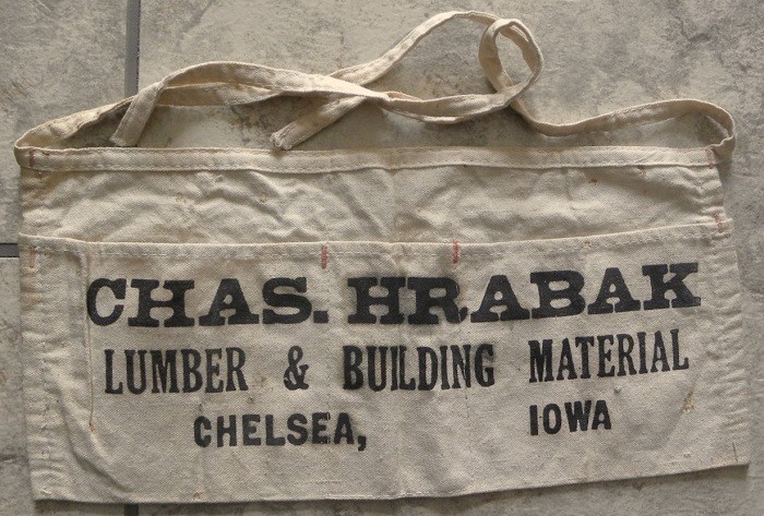 Vintage Chas. Hrabak Lumber & Building, Chelsea, Iowa IA Cloth Tool, Nail Apron
