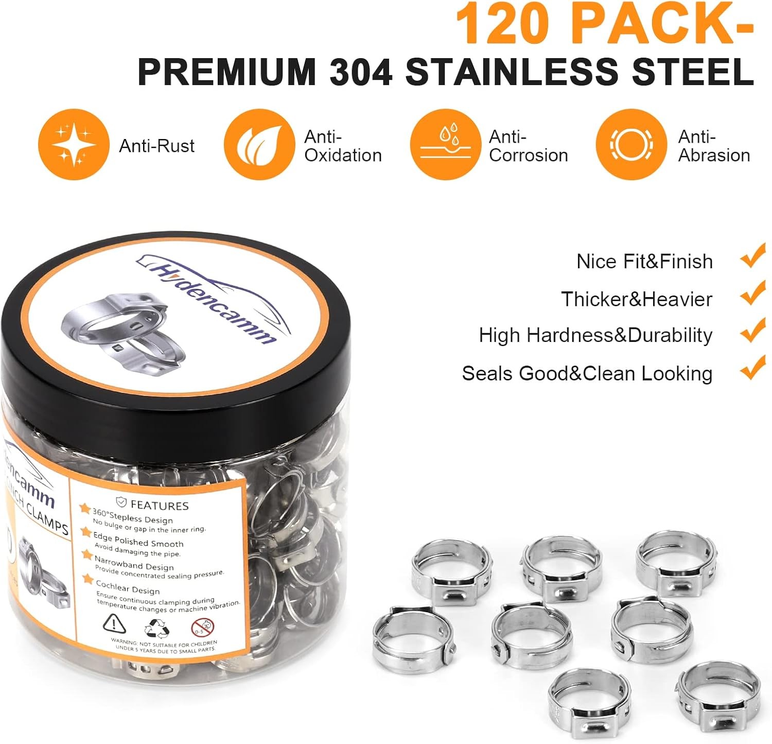 120 Pack 1/2 Inch PEX Cinch Clamps Rings, Premium 304 Stainless Steel Cinch