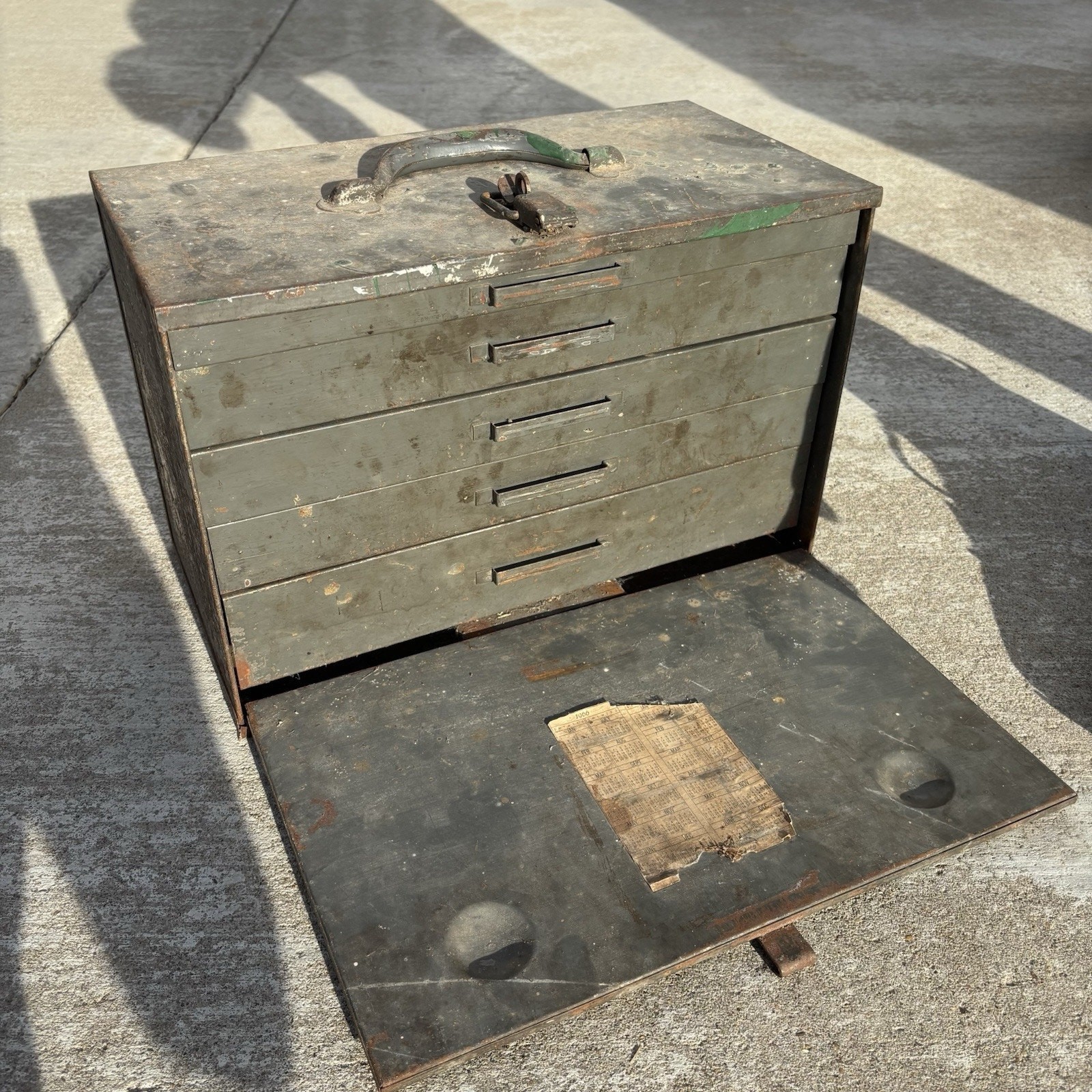 Vtg Military Machinist 5 Drawer Metal Toolbox Green Metal + Front Cover WWII?
