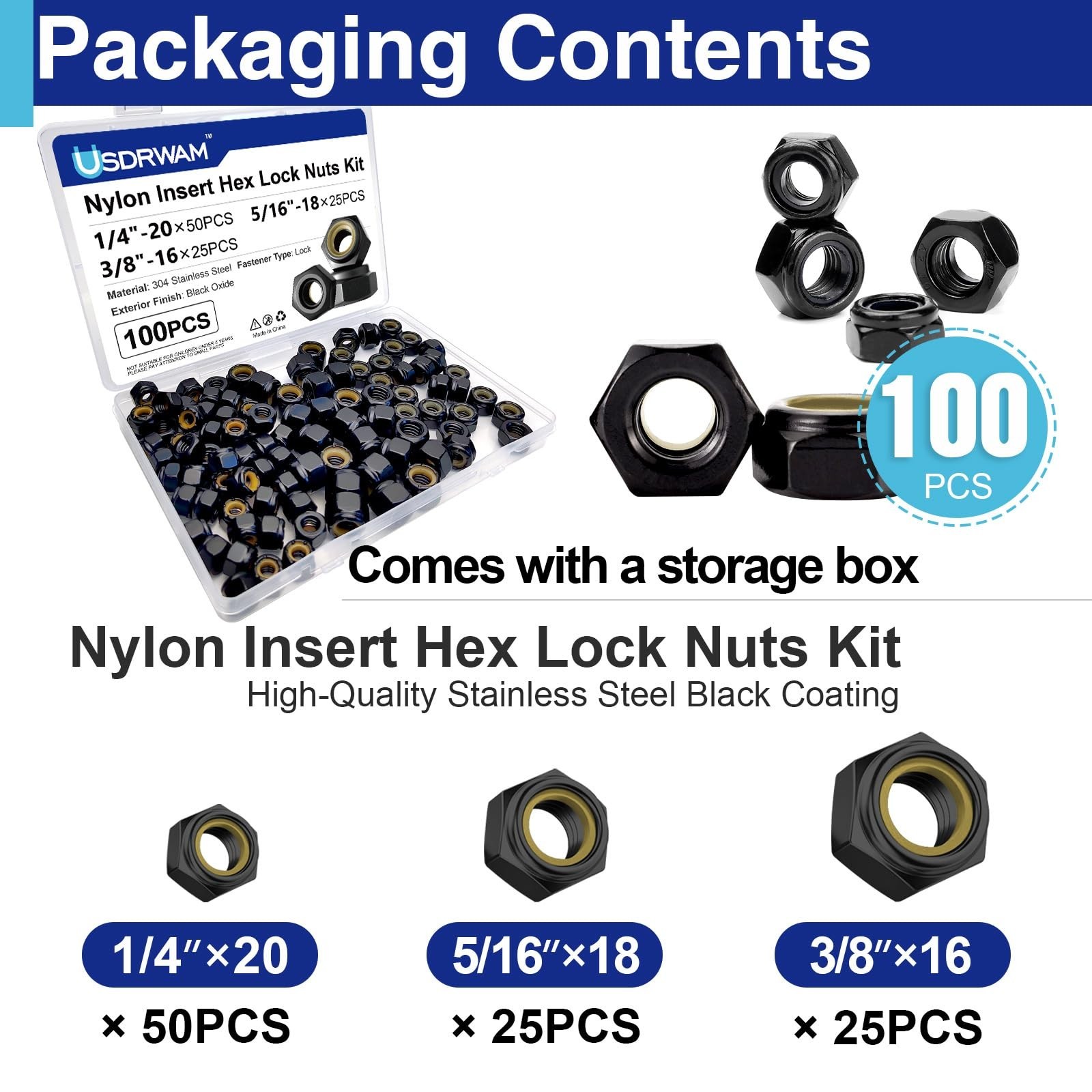 100PCS Nylock Nuts Assortment, Black PVD 304 Stainless Steel | Includes 1/4″-…