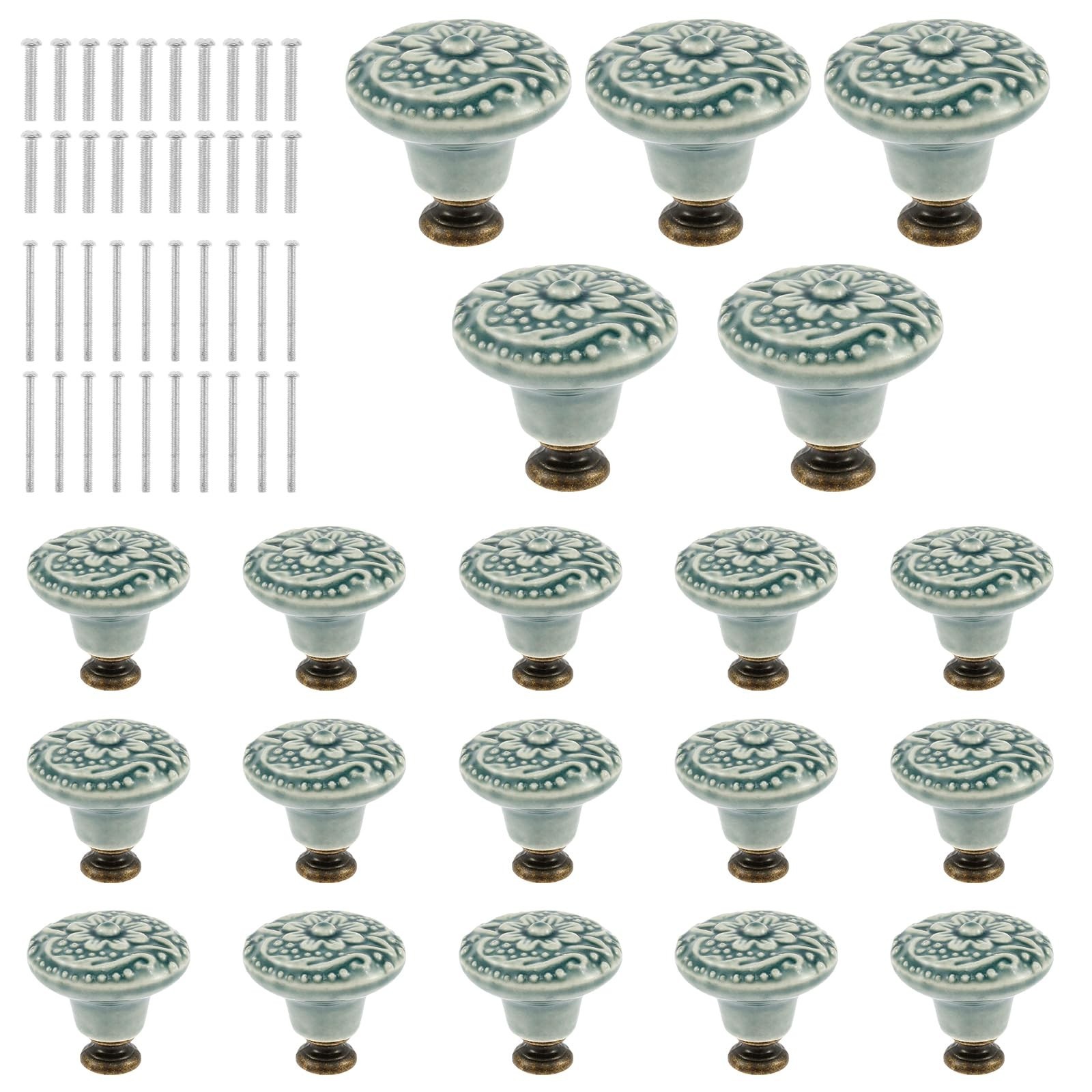 20Pcs Green Ceramic knobs, Kitchen Cabinet Knobs, Retro Dresser Knobs, Drawer…