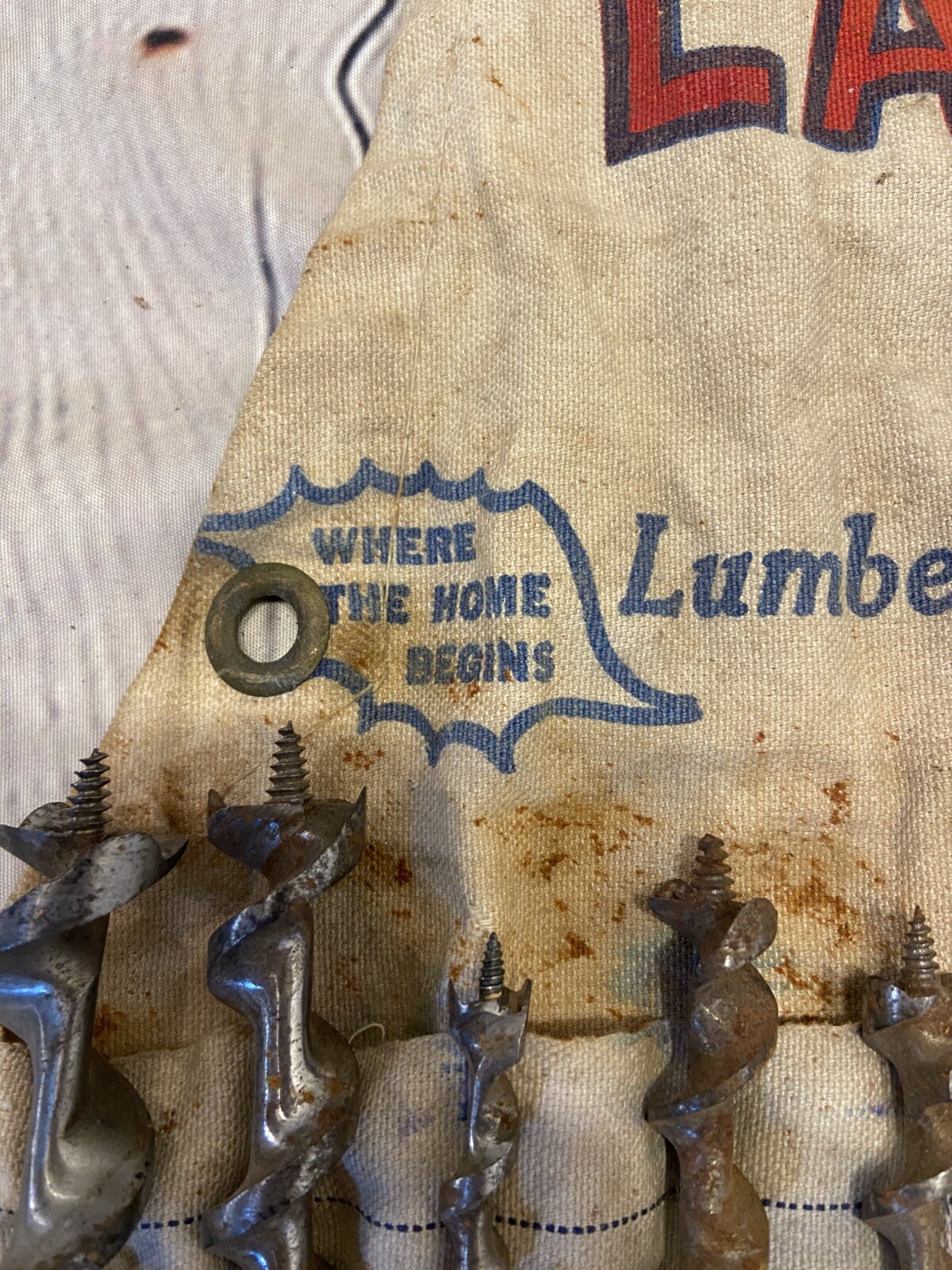 Vintage Lampert’s Lumber Yard Drill Bits Apron Construction Canvas Lot 19 Bits