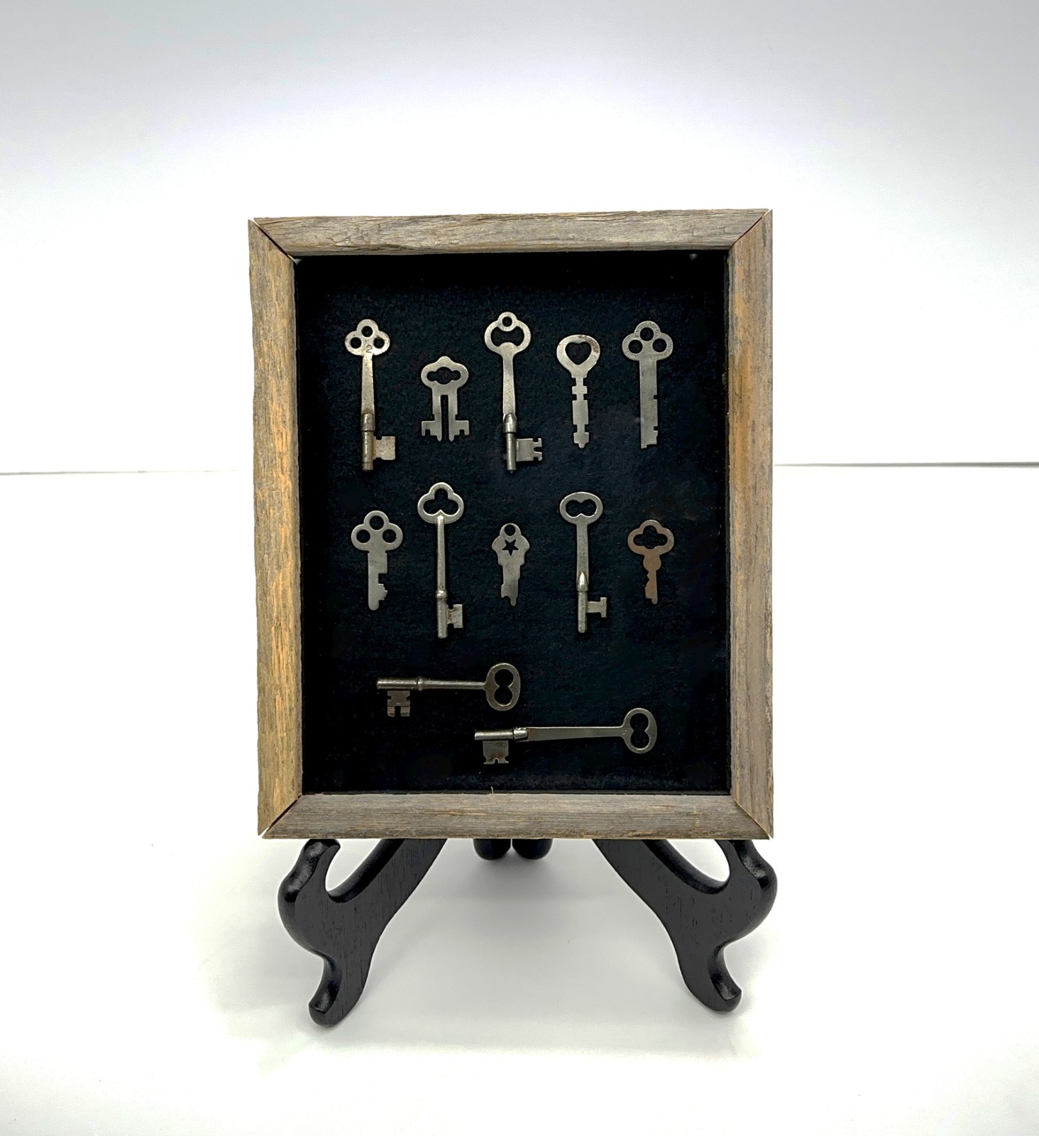Vintage Skeleton Key Folk Art Shadow Box Rustic 12 Keys Framed Set Antique