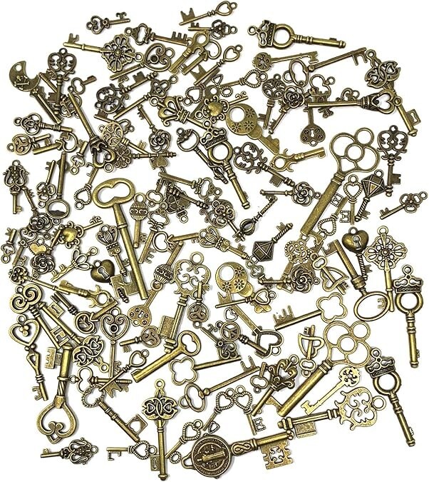 125 PCS Vintage Skeleton Key Set Charms Mixed Antique Style Bronze Brass for DIY