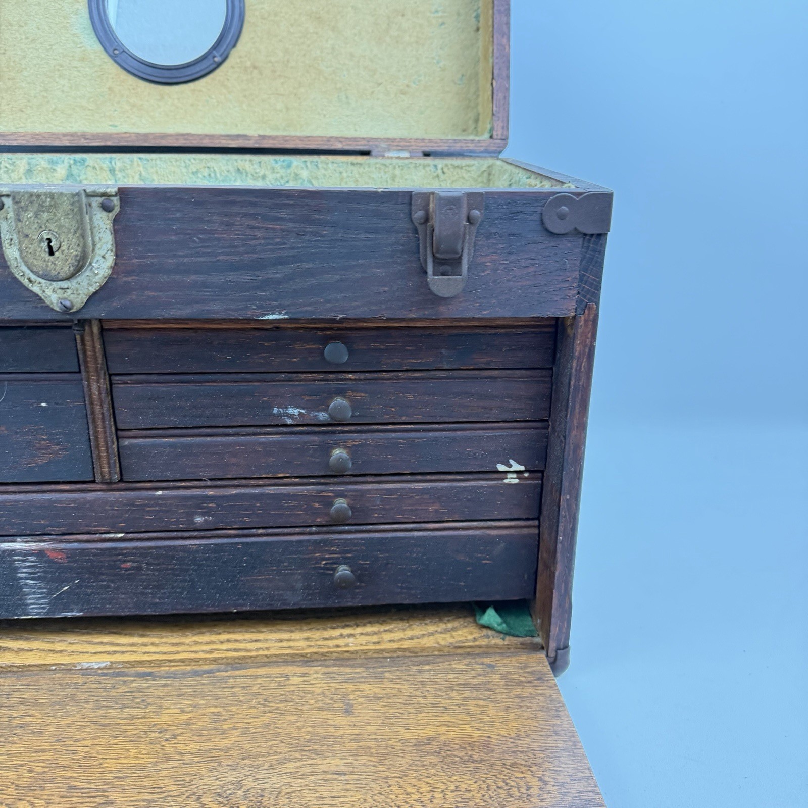 Vintage Oak Wood 7 Drawer Metal Corner Caps Machinist Chest Tool Box Industrial