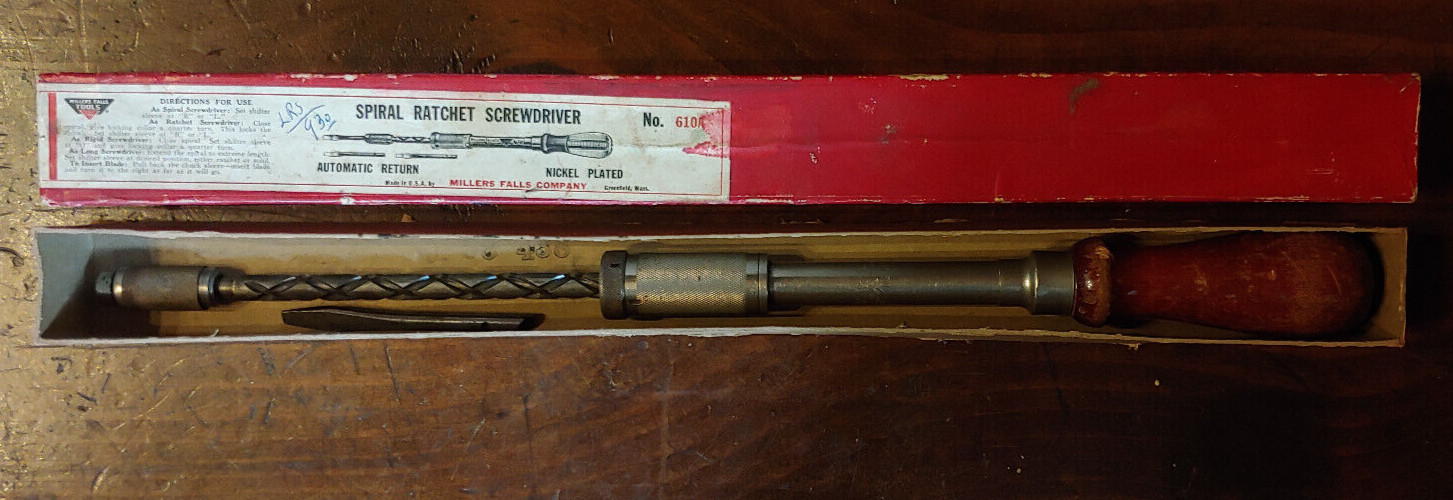 VINTAGE MILLERS FALLS No. 610 Automatic Spiral Ratchet Screw Driver, 1 bit, BOX