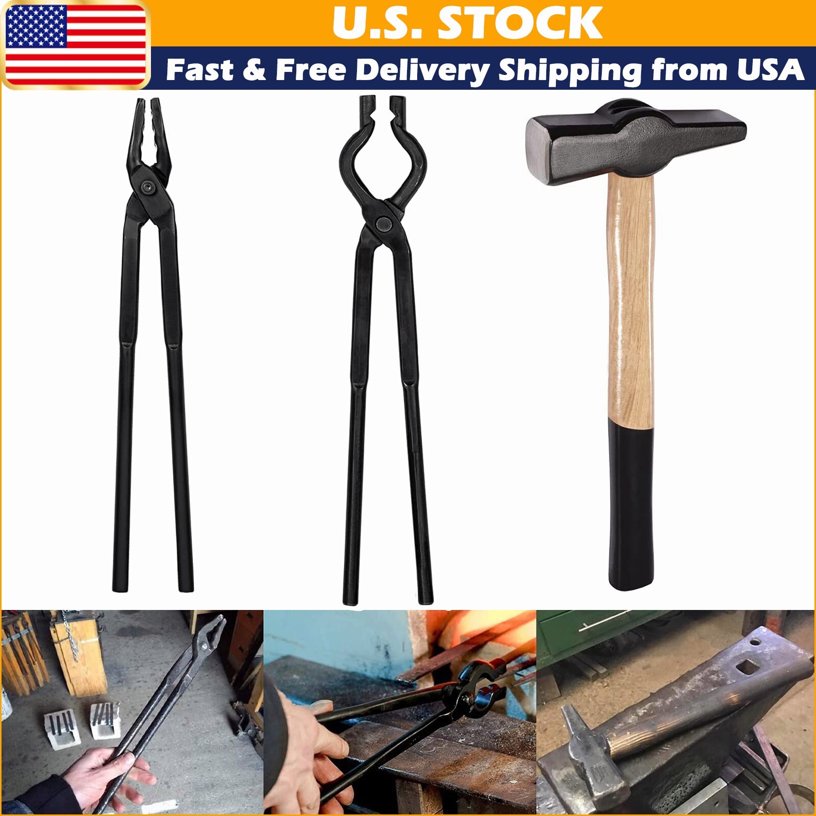 Beginner Blacksmith Tongs Set Wolf Jaw Plus V-bit Tongs & Blacksmiths’ Hammer