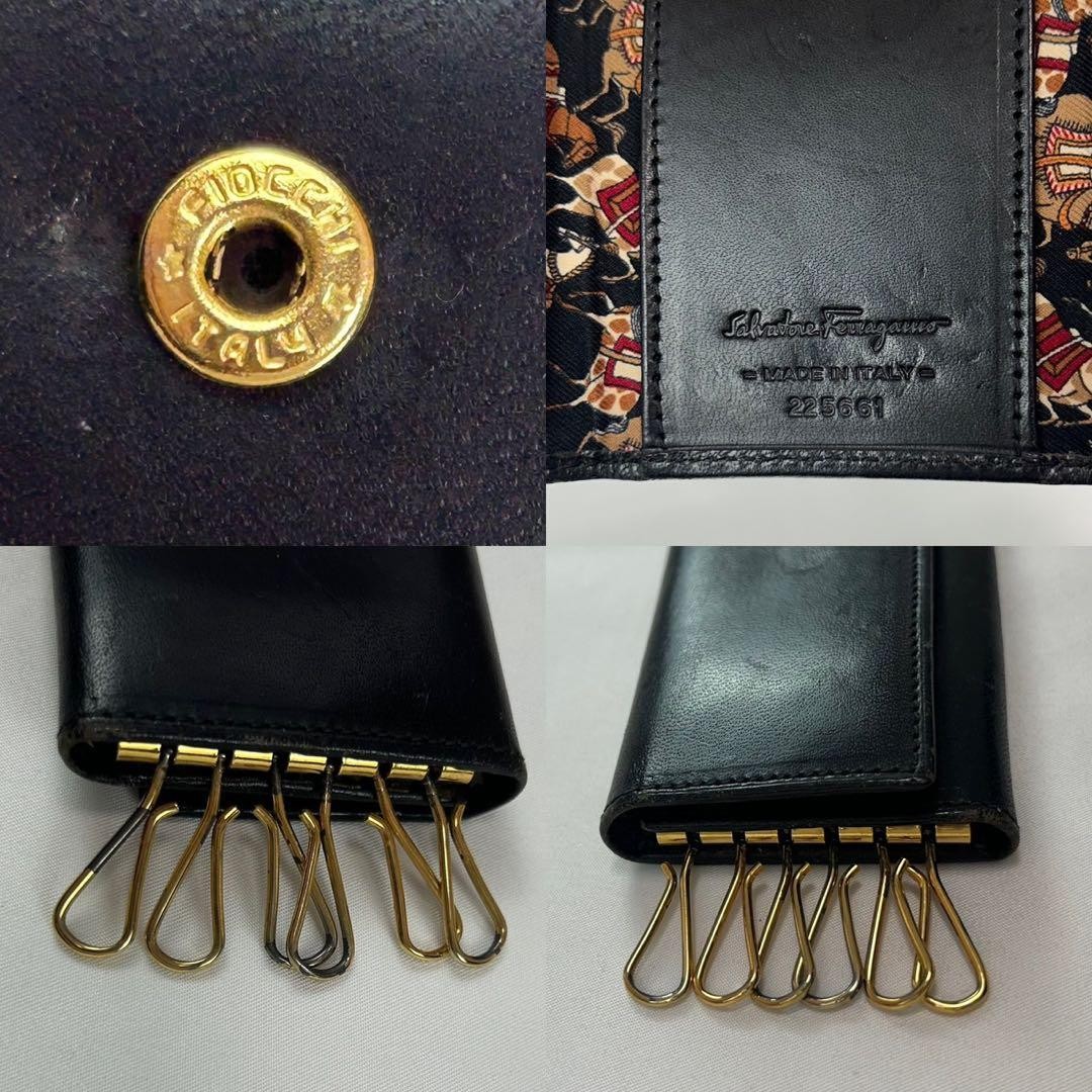 Salvatore Ferragamo Leather Key Case 6 Hook Gold Compact Black Used Vintage