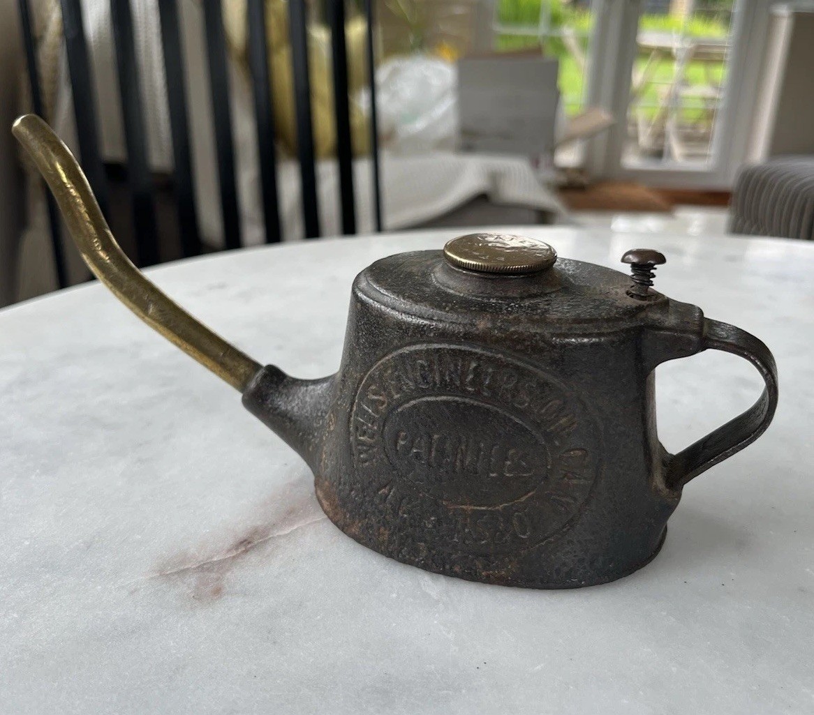 RARE AC Wells Engineers Oil Can No 1 Cast Iron Antique