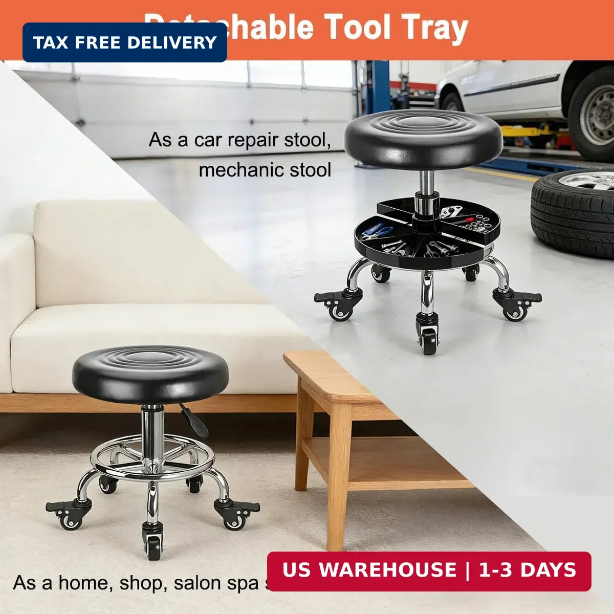 Garage Mechanic Stool with Storage Tray,Low Height Rolling Shop Stools