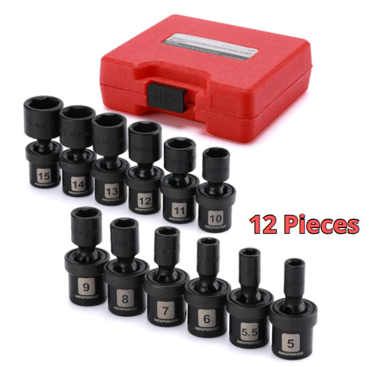 12 Pieces 1/4″ Drive Universal Impact Socket Set, CR-MO, Metric, Swivel Socket