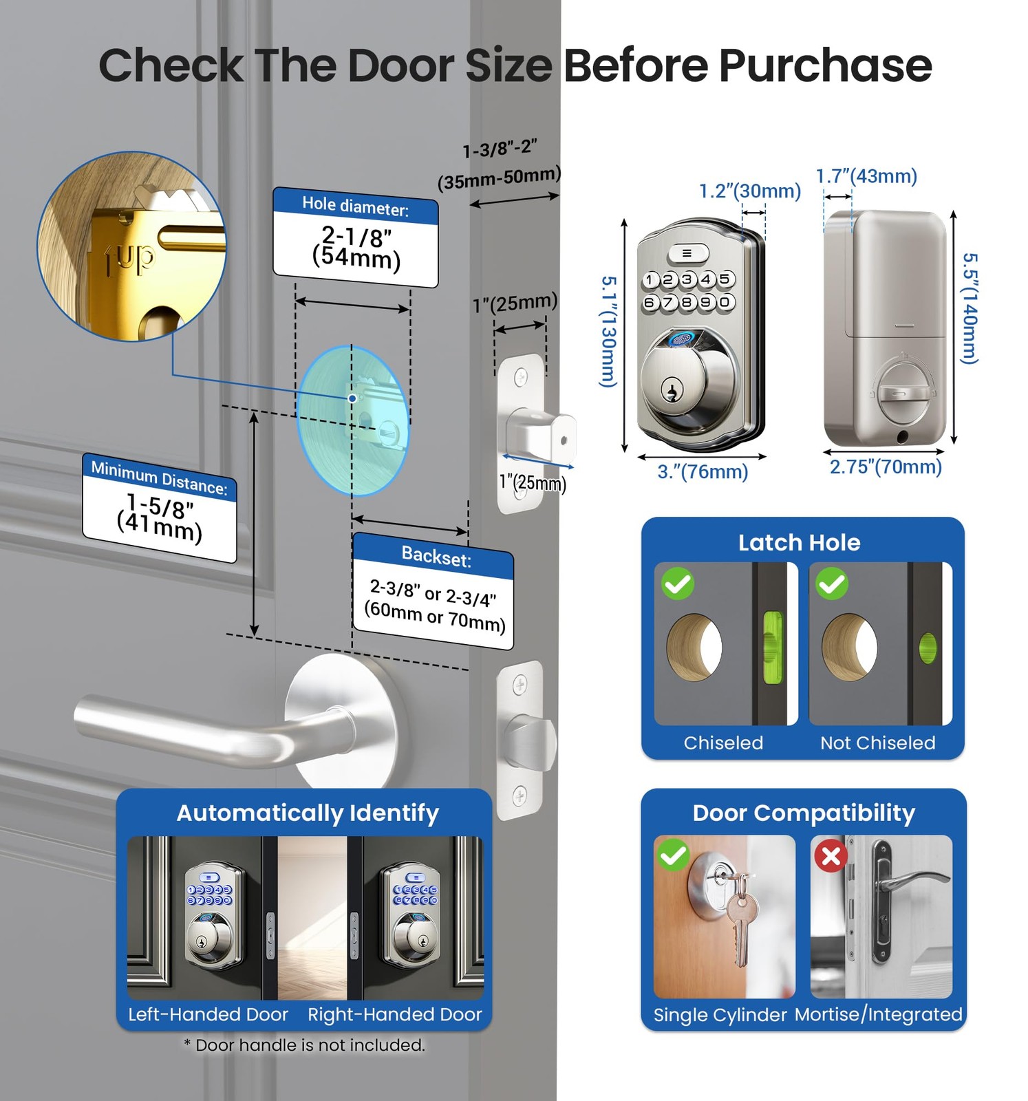 Veise KS02A Fingerprint Keyless Entry Door Lock, Auto Satin Nickel