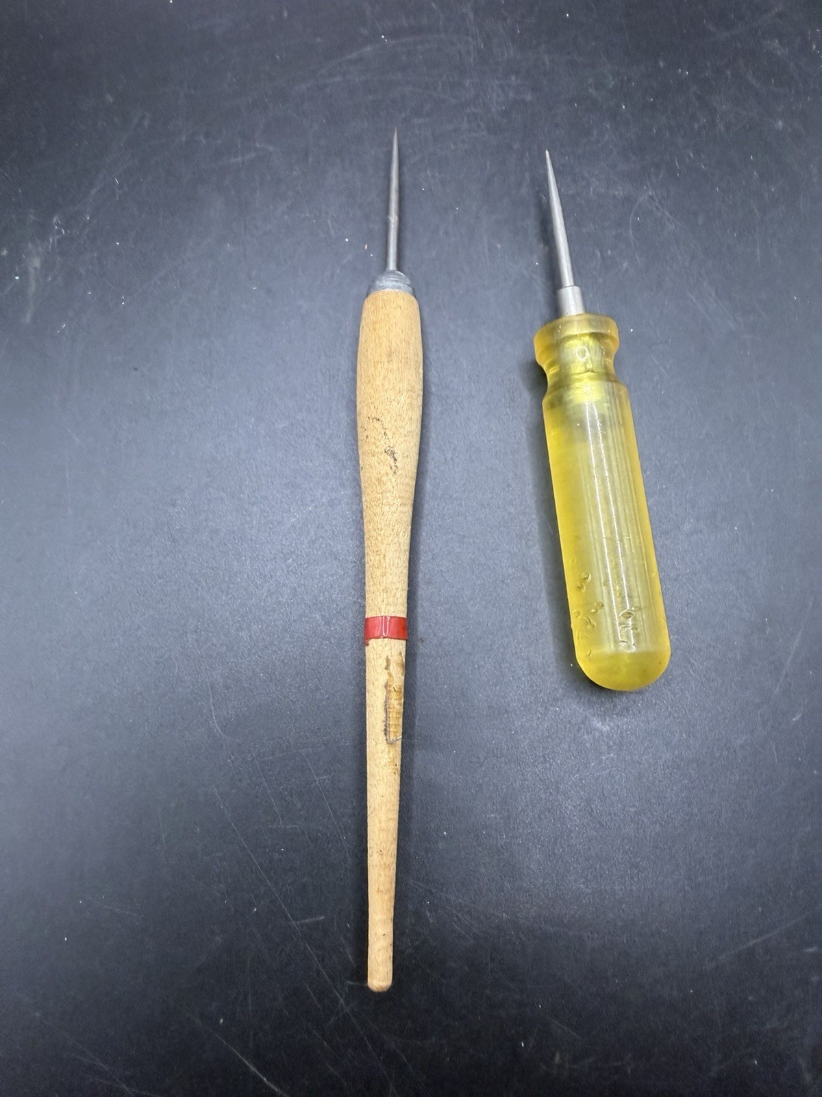 Vintage Scratch Awl Scribe Tool Lot Wooden Yellow Acetate Handle 2pc