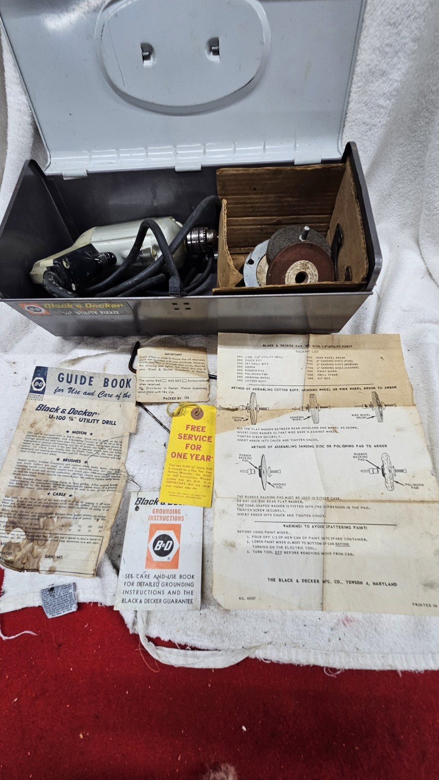 Vintage Black & Decker ¼ Utility Fixkit U-110 Drill Metal Case Paperwork. Nice!