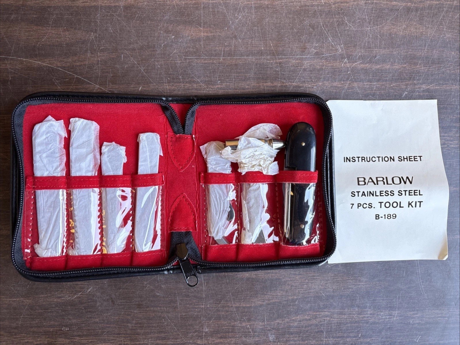 VINTAGE B-189 BARLOW JAPAN 7Pc. STAINLESS STEEL TOOL KIT CASE, BLACK