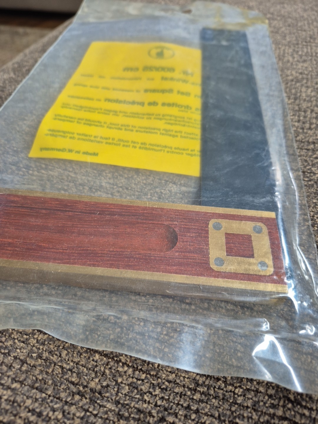 Ulmia Ott Set Square made of rosewood with blue spring steel blade.