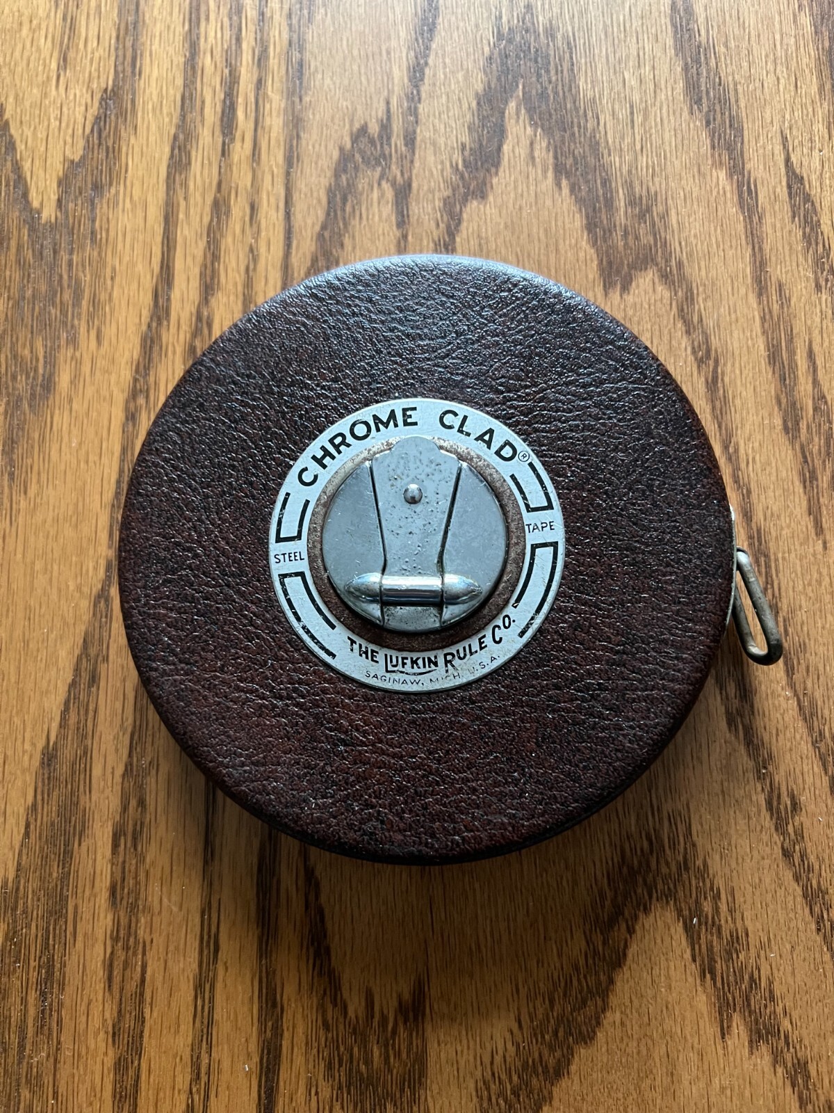 Vintage Brown Chrome Clad Lufkin Co 100′ Steel Tape Measure Saginaw, MI USA