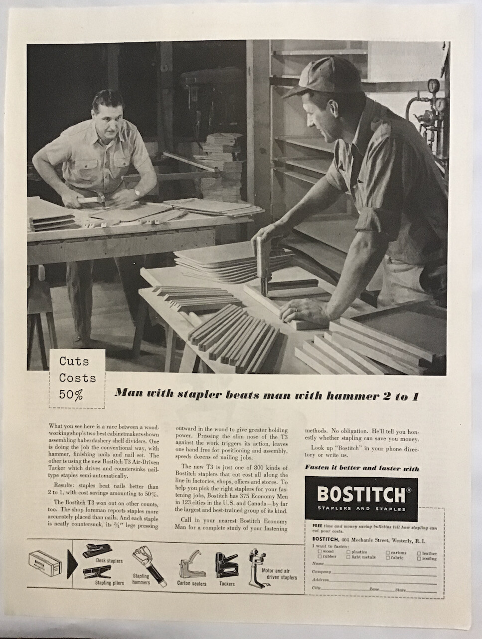 1955 magazine ad for Bostitch – Man with stapler beats man with hammer 2 to 1