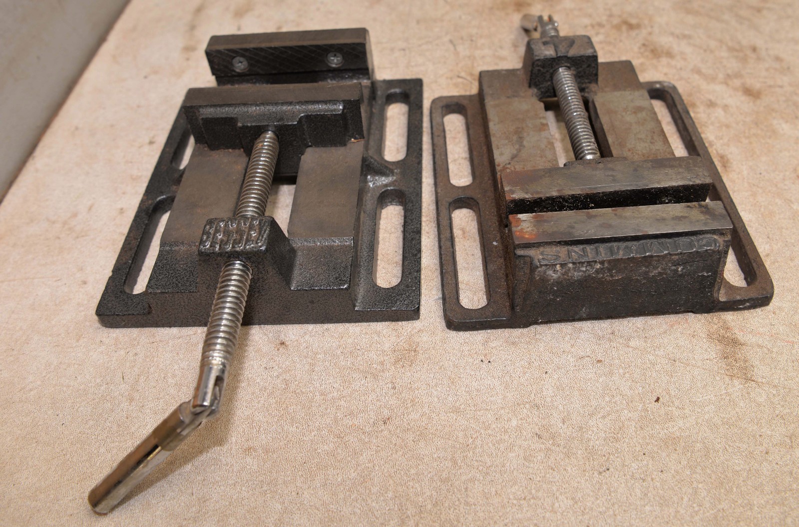 2 drill press vises 4″ jaw Bessey & Cummins vintage clamping tool lot