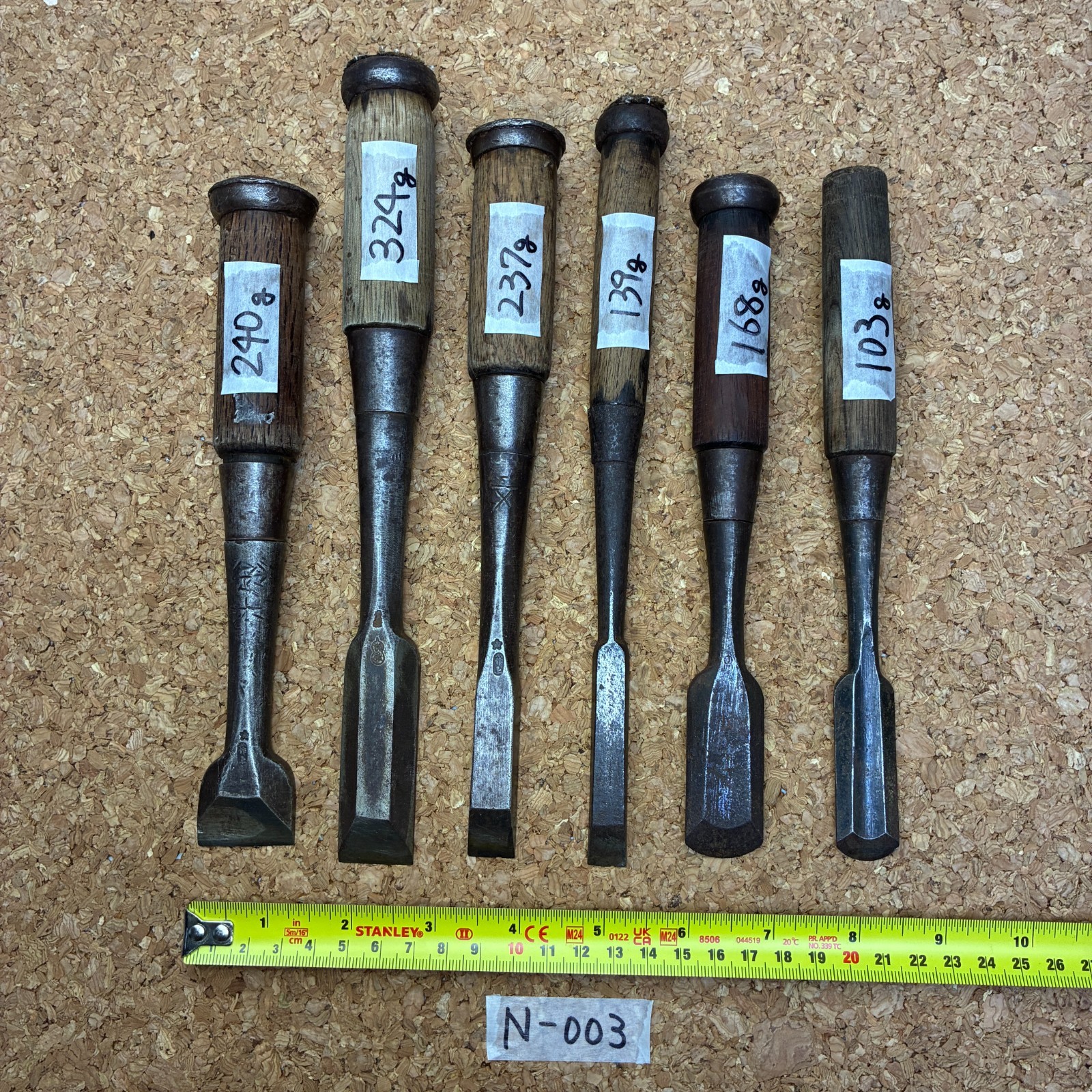 Japanese Nomi, Chisel ,#N-003 , Set of 6 ,used, made in Japan 255mm,