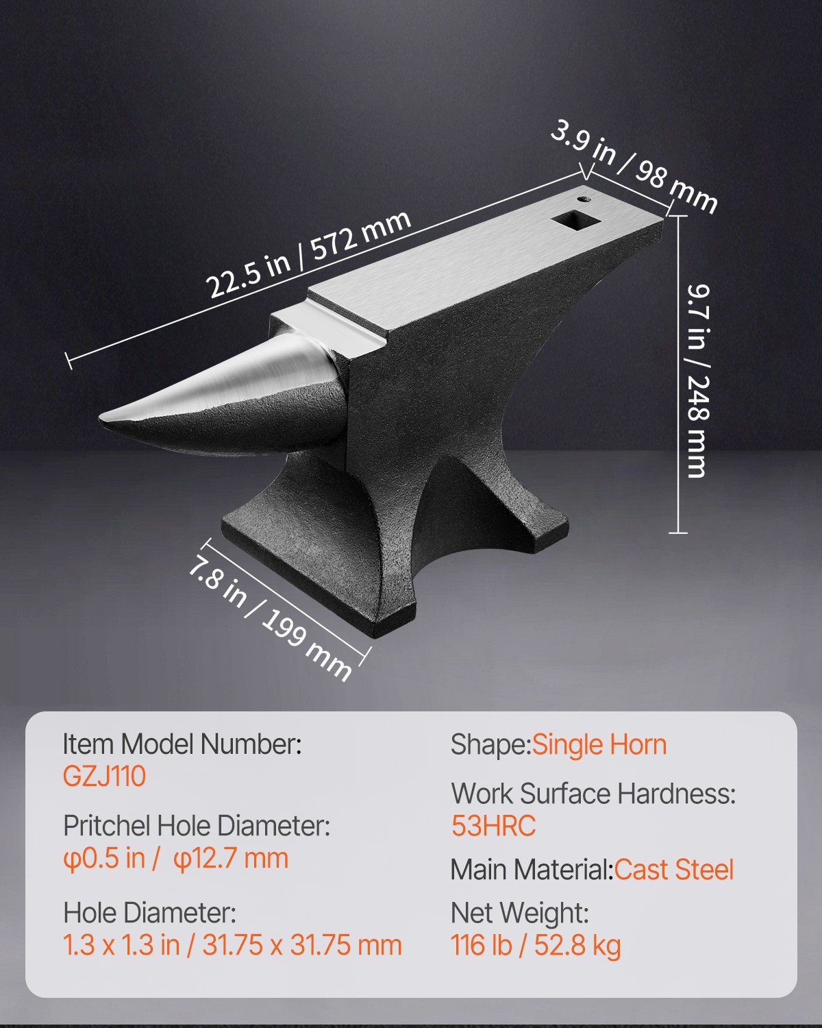 Single Horn Anvil 116lbs Cast Steel Anvil Round Horn Anvil for Blacksmiths