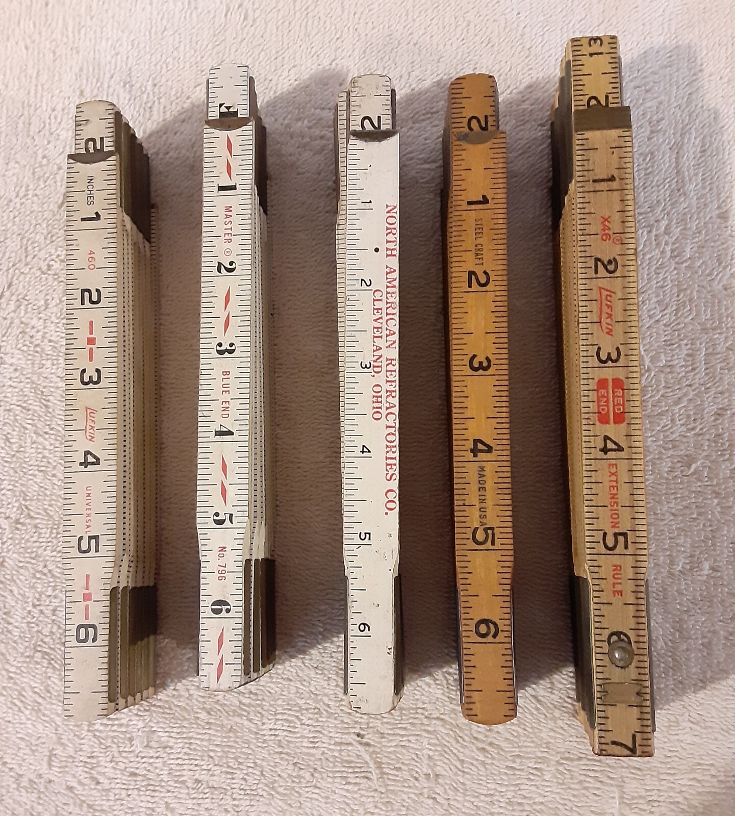 5 WOOD BRASS FOLDING RULERS LUFKIN, MASTER 796, STEEL CRAFT, N A R CO, USA