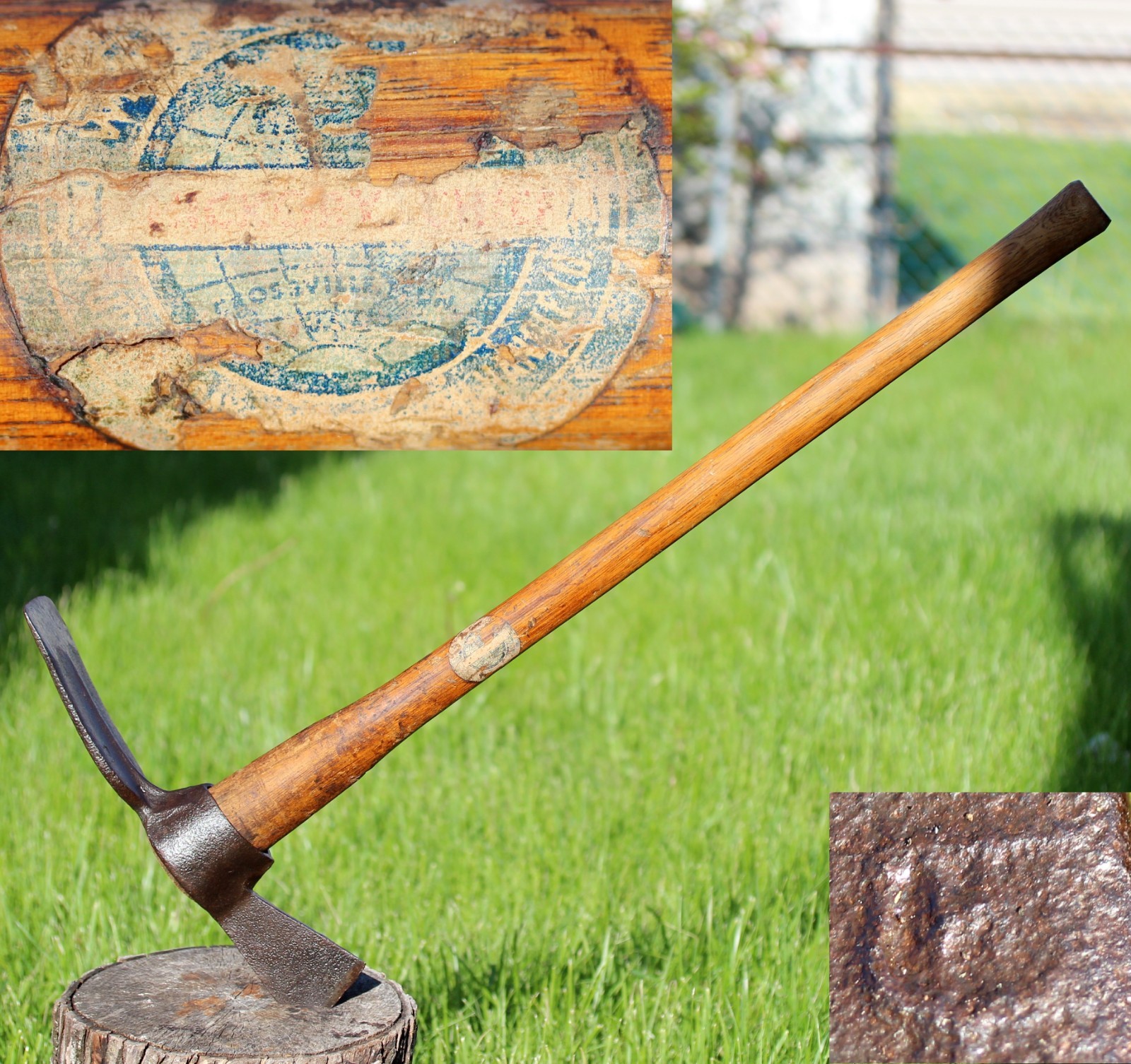 Antique Hubbard “H” Shield Mark 13″ Head Mattock Adze Axe Hickory Crossville TN