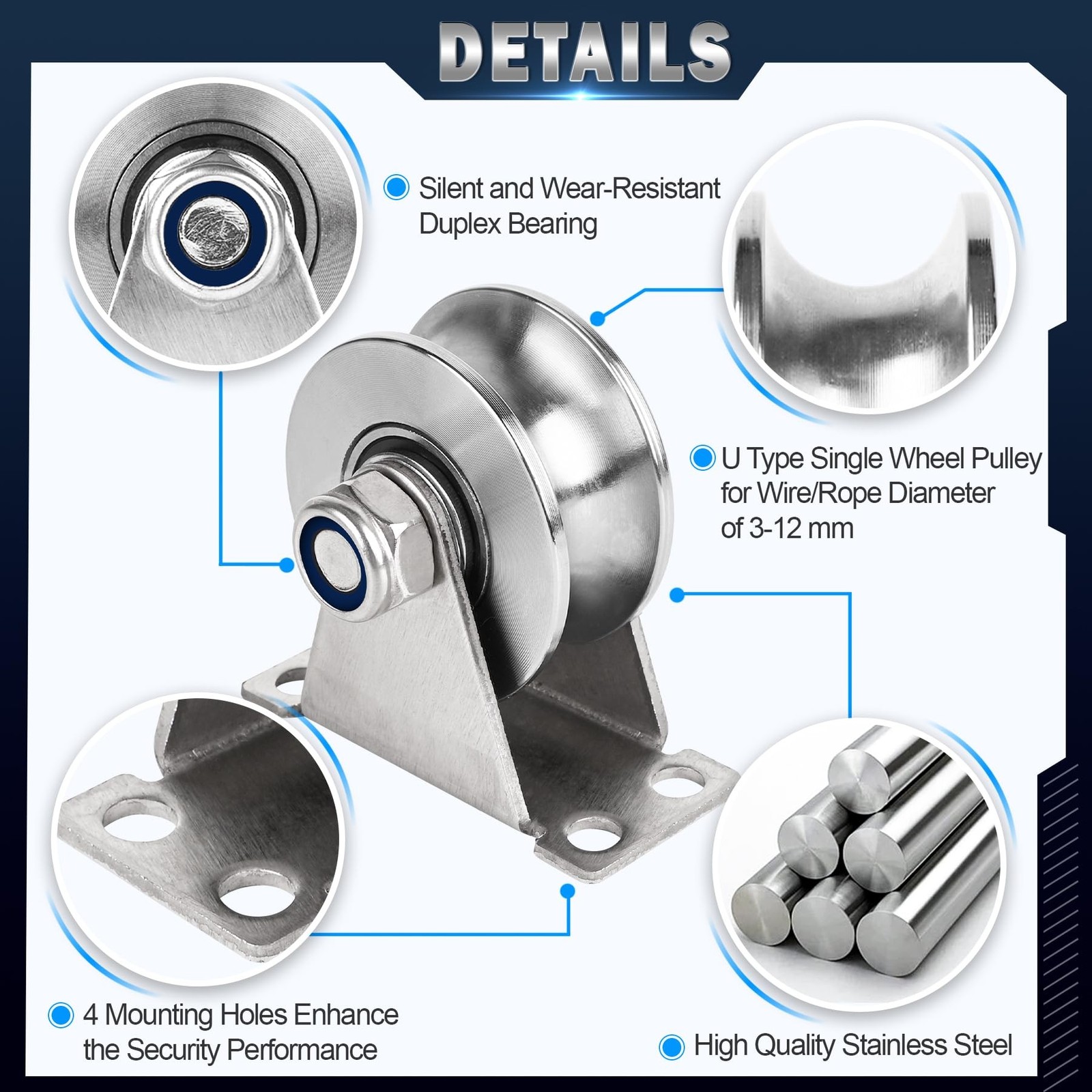 Groove Pulley Wheel for Rope Wall Mounted 1 Pack Stainless Steel Super Silent…