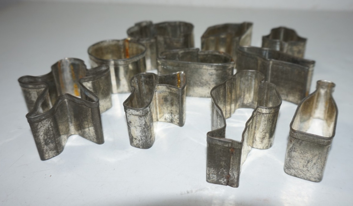 VTG Metal Holiday Cookie Cutters Set of 10 Flag Champagne Bottle Fish Turkey Axe