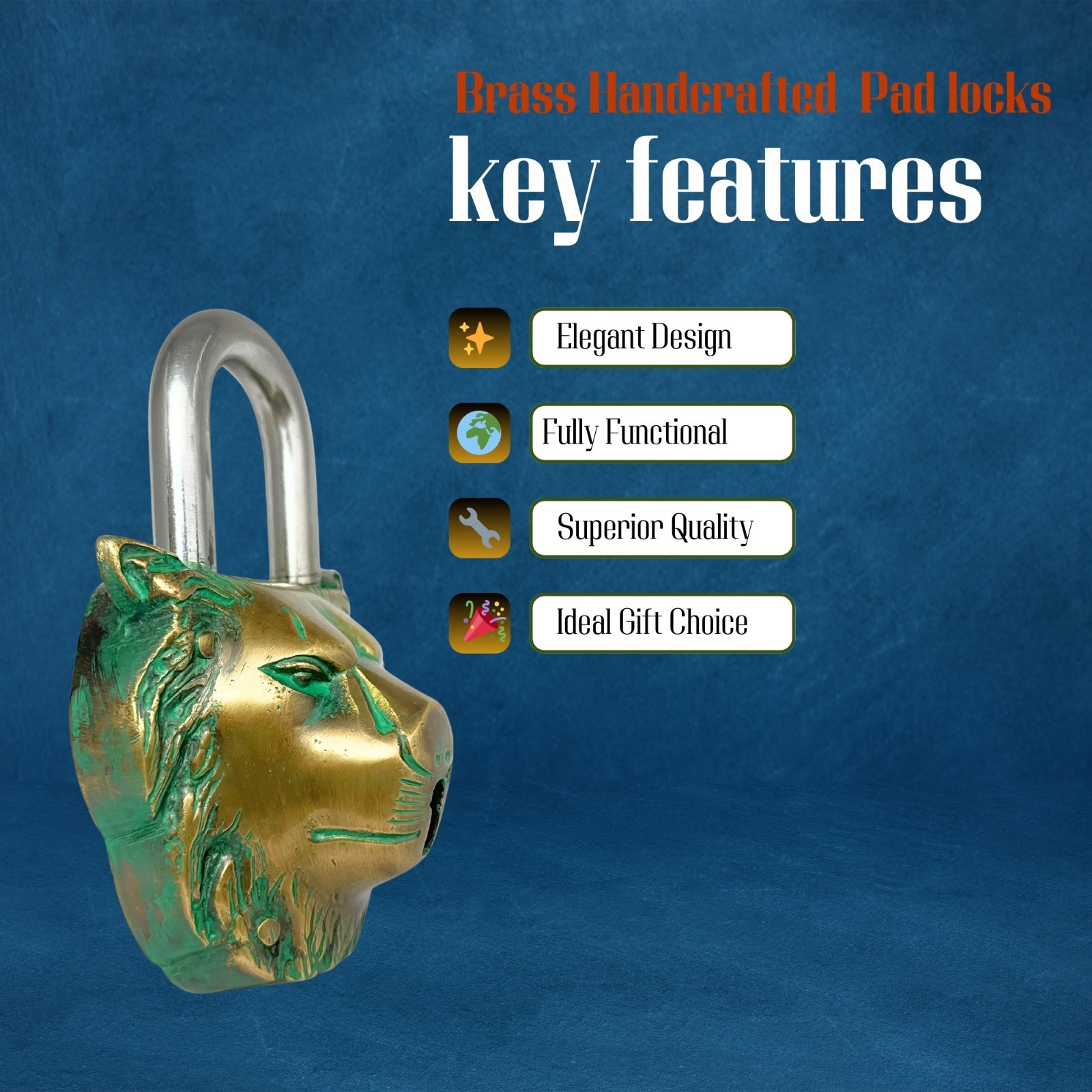 Brass Vintage Handmade Lion Padlock with 2 Keys –Secure & Decorative Lock Accent