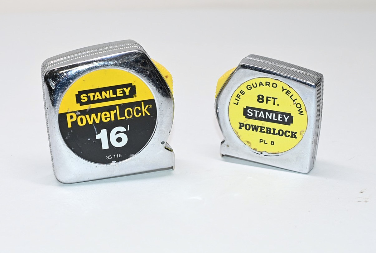 2 Vintage Stanley PowerLock Tape Measures 16ft & 8ft Life Guard Yellow USA