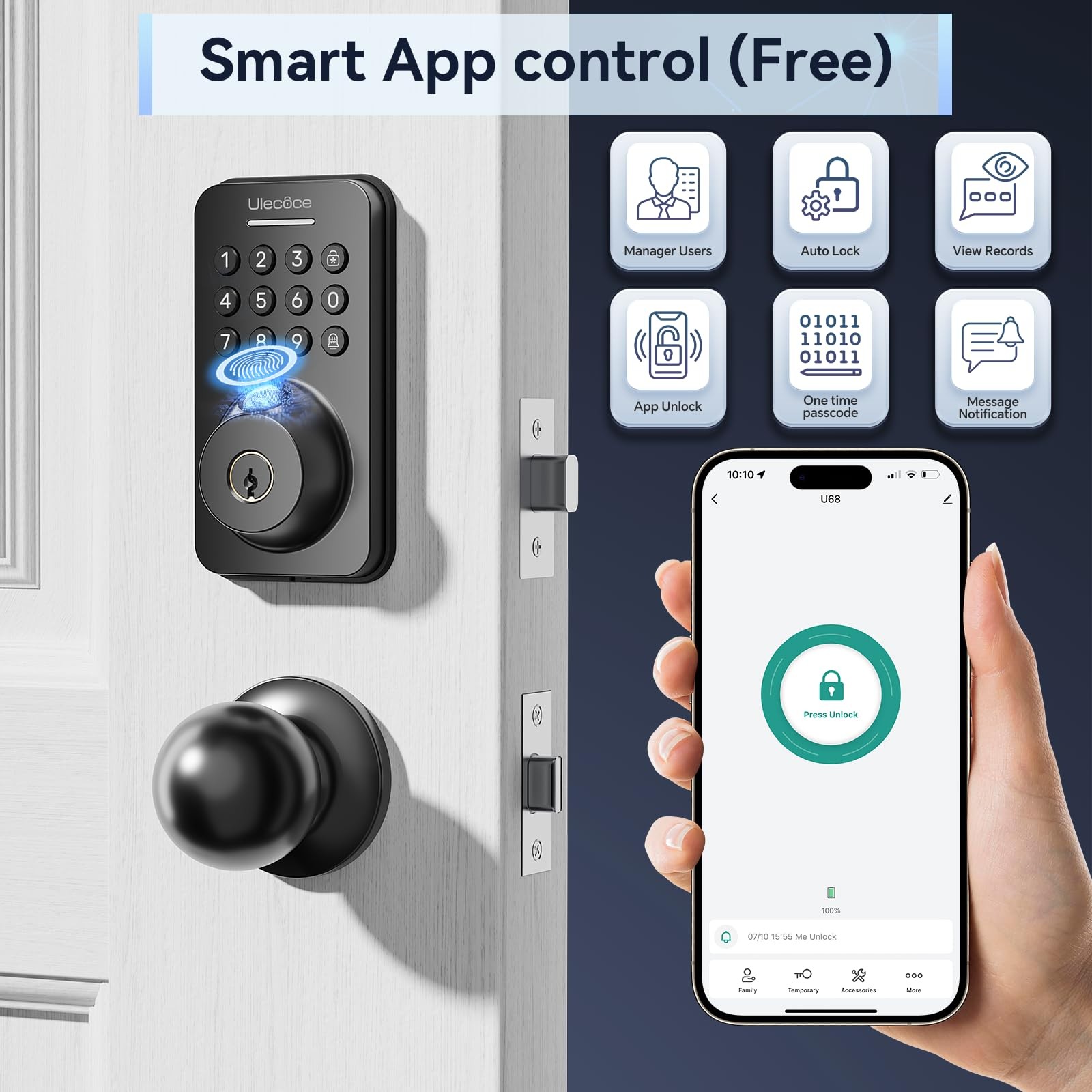 Ulecoce Fingerprint Keypad Deadbolt with Knob Set, Keyless Entry /, Black