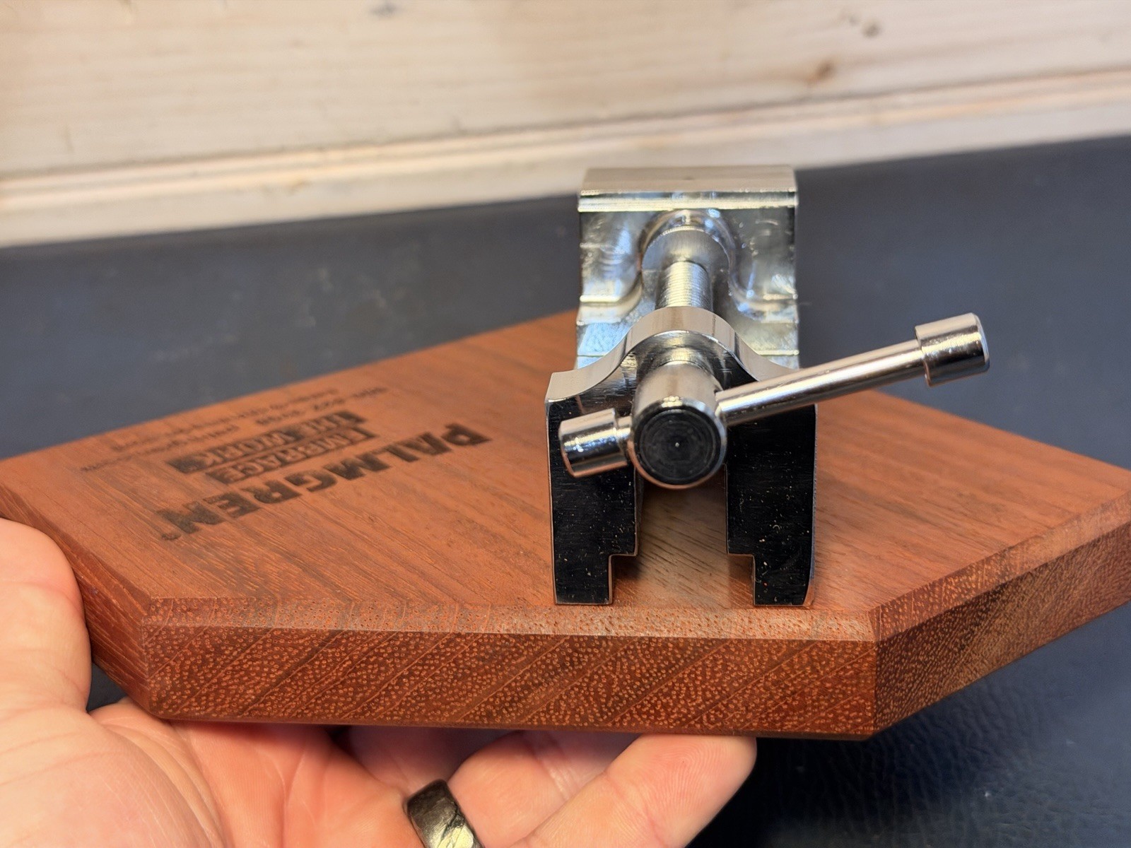 Vintage Palmgren Vise Advertising Display 100th Anniversary Chrome Card Holder