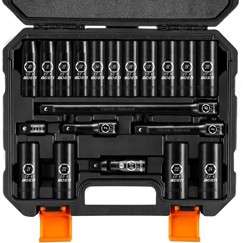 1/2 Inch Impact Socket Set 20 Pieces CRV Steel 6-Point Hex Design Durable New