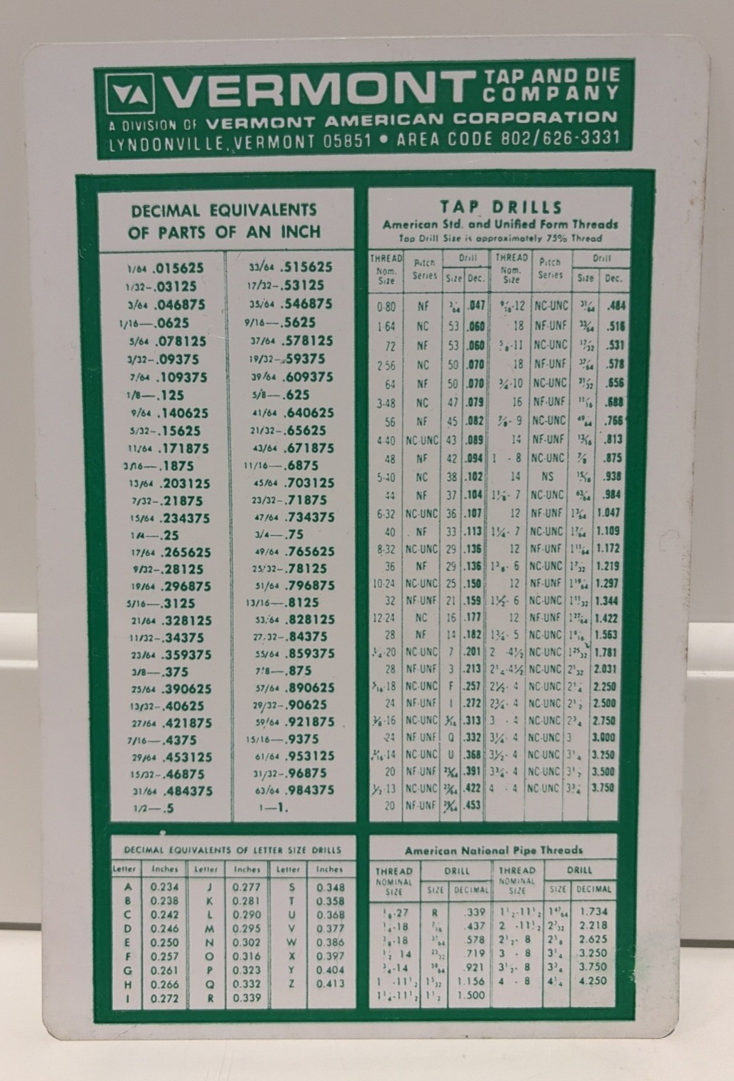 Vtg Vermont Tool & Tie Decimal Equivalents & Tap Drill Sizes Pocket Card Chart