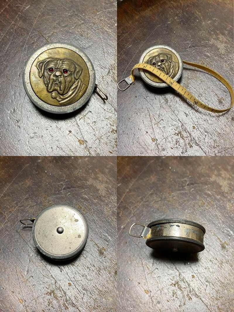 Antique Late 1800s Bulldog Tape Measure, Cast Iron and Brass, Inch Measure used
