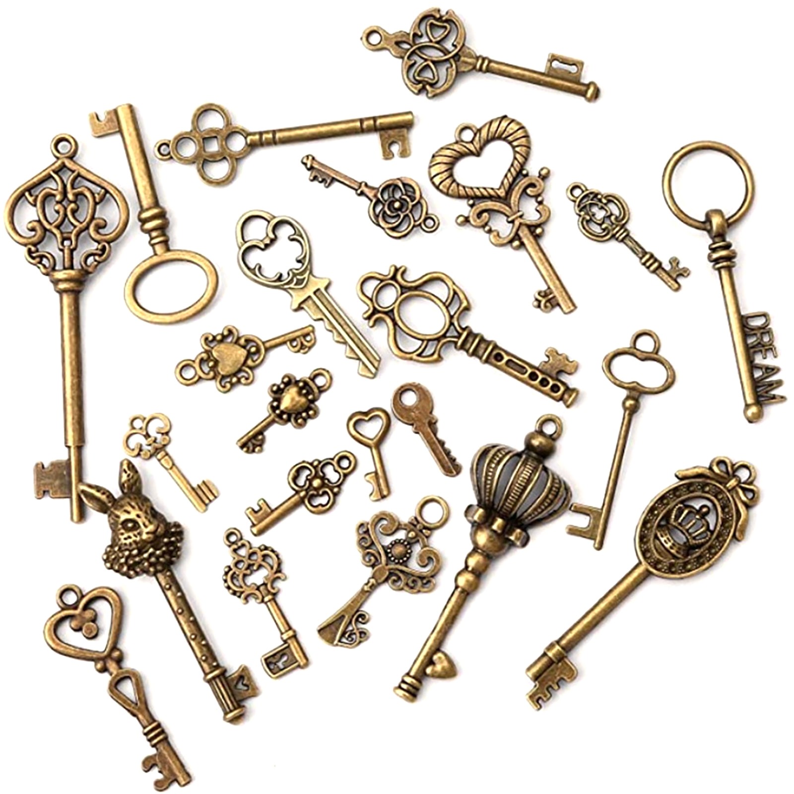 46x Old Vintage Antique Skeleton Keys Lot Large Small Necklace Pendant Bronze
